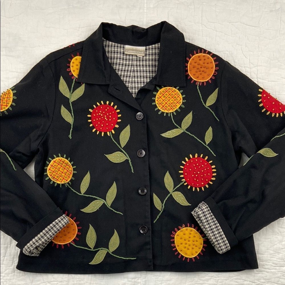 Vintage Coldwater Creek Sunflower Embroidered Black Jacket size Large